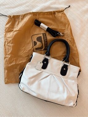 Soprano Genuine Leather White Satchel with Black Handles and Details